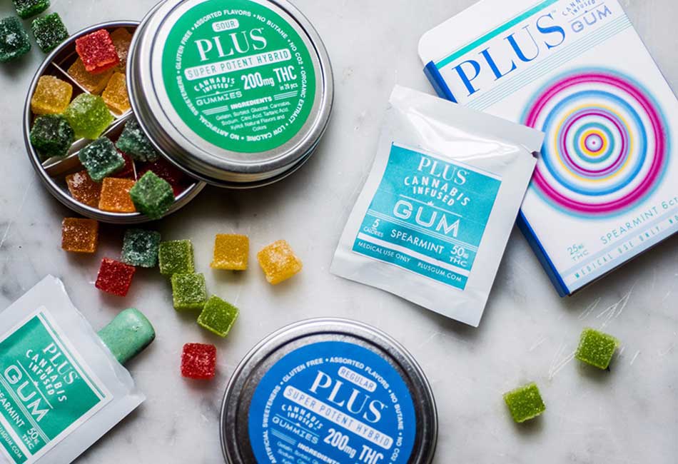 Cannabis Gum and Cannabis Gummies shown on a table in Flexible Packages with labels