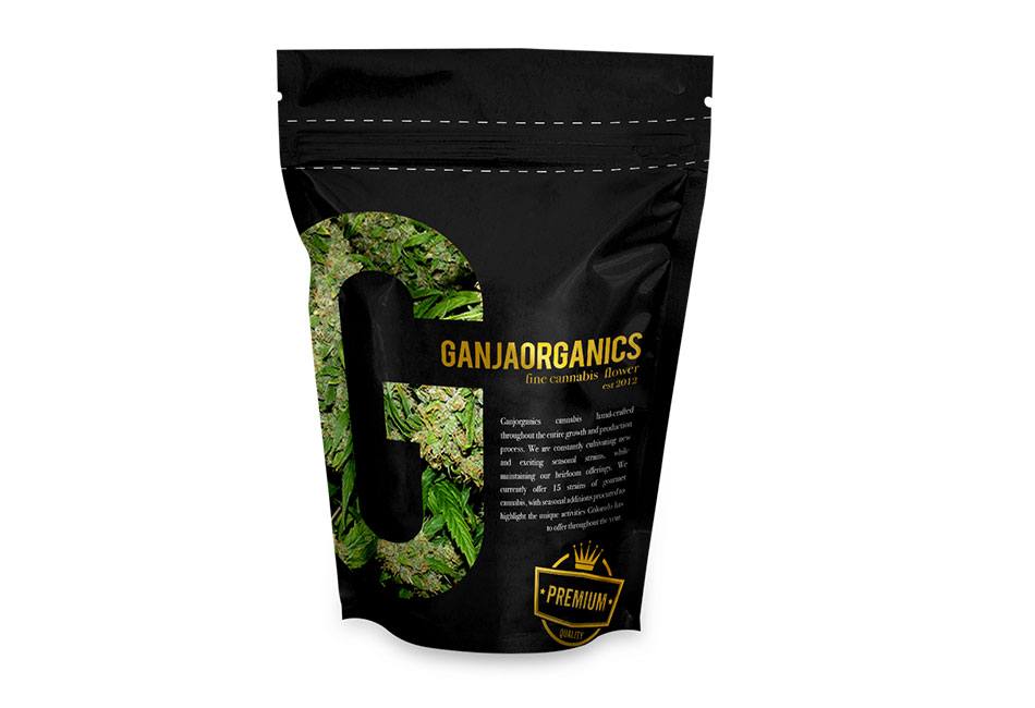A black and gold flexible pack created for cannabis buds