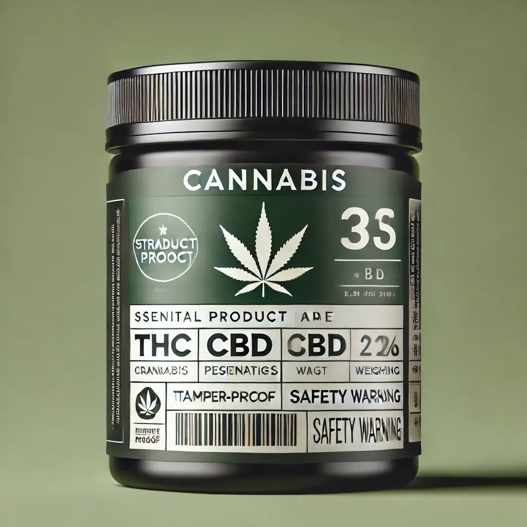 DALL·E 2024-09-18 11.53.53 - A modern cannabis product label featuring a sleek design with a cannabis leaf graphic, strain name, and essential product details like THC_CBD percent