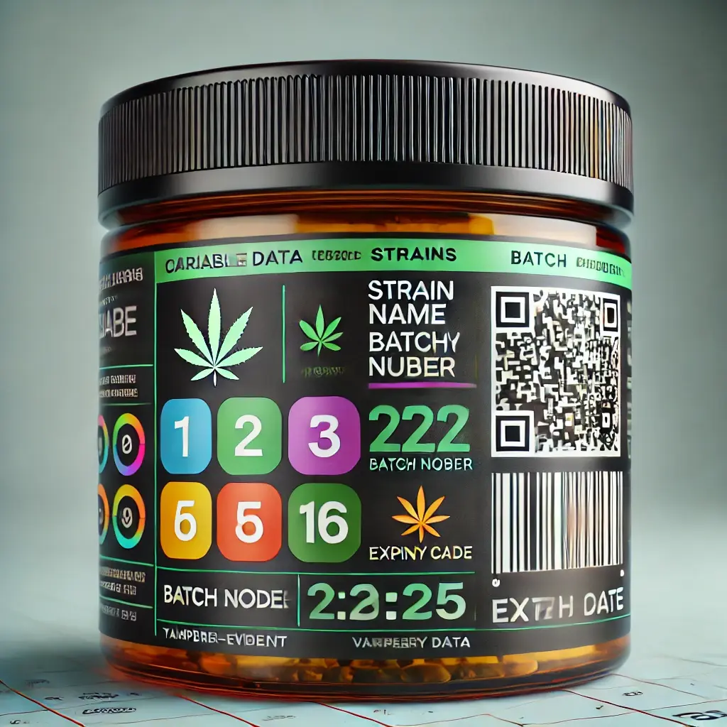 DALL·E 2024-10-11 11.10.50 - A close-up image of a cannabis product, such as a jar or packaging, featuring a vibrant, modern label with variable data elements. The label includes 