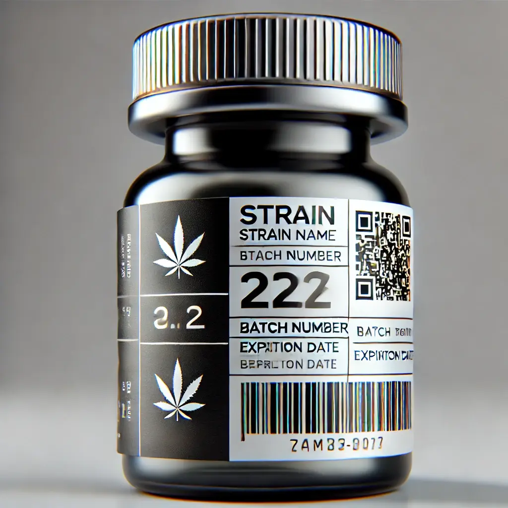 DALL·E 2024-10-11 11.11.44 - A close-up image of a small cannabis product bottle featuring a modern variable data label. The label includes details such as strain name, batch numb