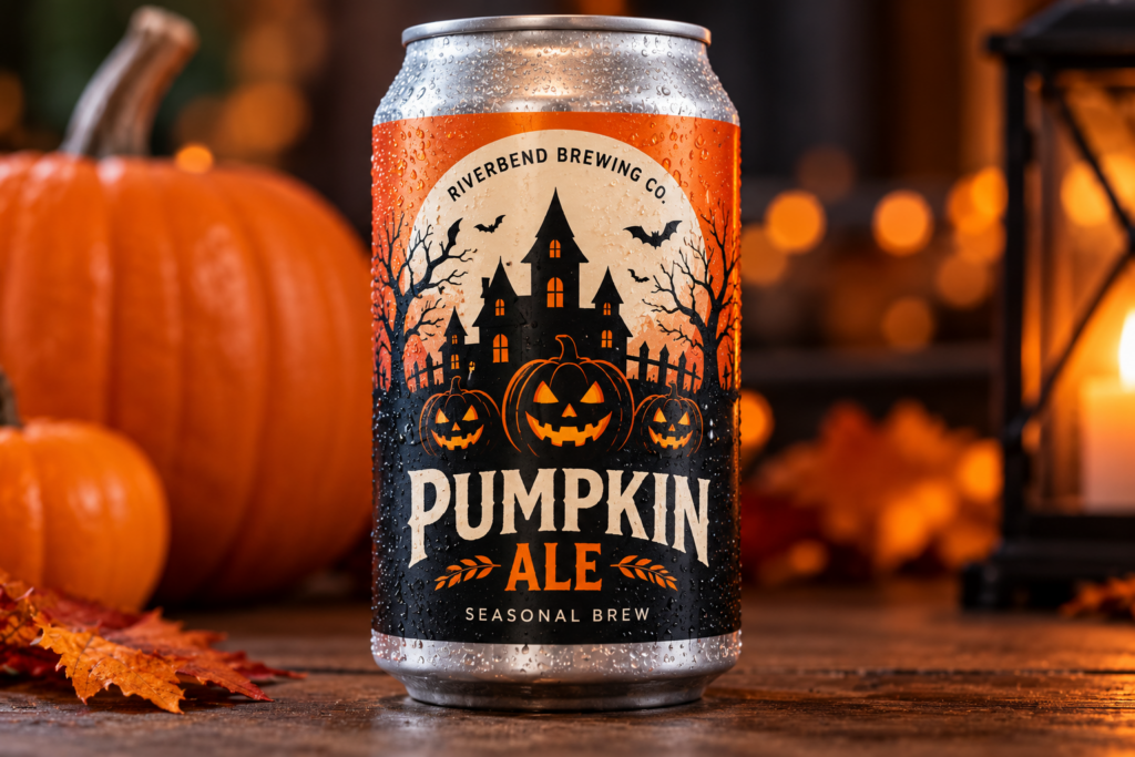 Pumpkin ale can with Halloween-themed custom label featuring pumpkins and a haunted house