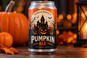 Pumpkin ale can with Halloween-themed custom label featuring pumpkins and a haunted house